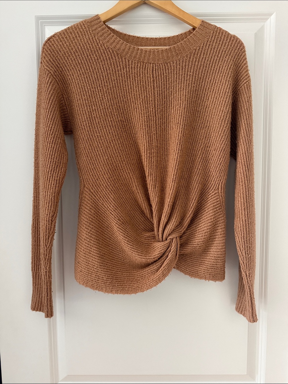 aerie Twist-Knot Ribbed Crewneck Sweater in Camel Brown